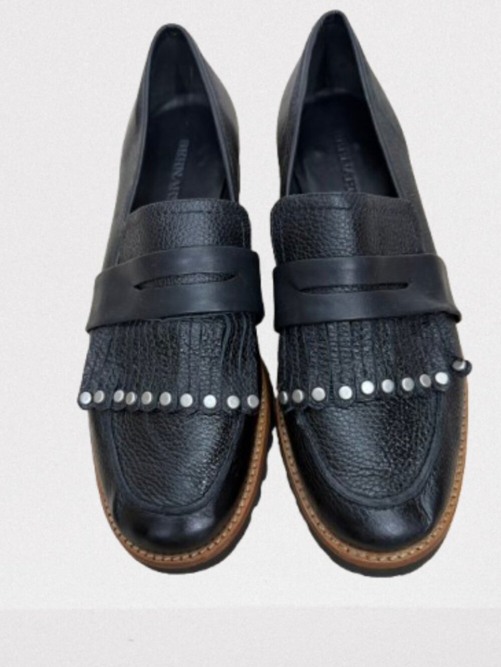 Bernardo Women's Black Tumbled Leather Fringe Studded Penny Loafers Size 8